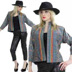 Striped jacket Boho cropped Southwestern coat  silk crop top Tribal ethnic print Western Bohemian Nehru high collar open front  M Medium - shabbybabe
 - 1