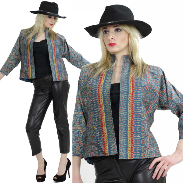 Striped jacket Boho cropped Southwestern coat  silk crop top Tribal ethnic print Western Bohemian Nehru high collar open front  M Medium - shabbybabe
 - 1