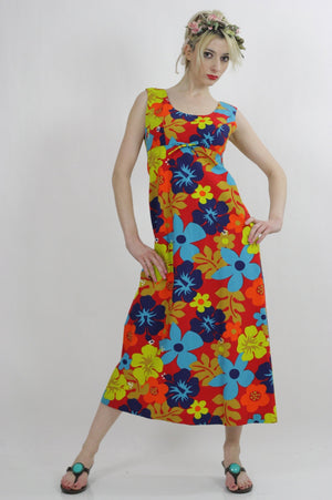 Tropical dress Boho Hippie 1970s neon floral maxi Festival sleeveless Sundress Empire Waist Medium - shabbybabe
 - 3