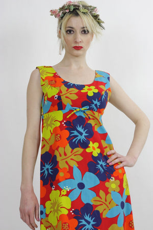 Tropical dress Boho Hippie 1970s neon floral maxi Festival sleeveless Sundress Empire Waist Medium - shabbybabe
 - 1