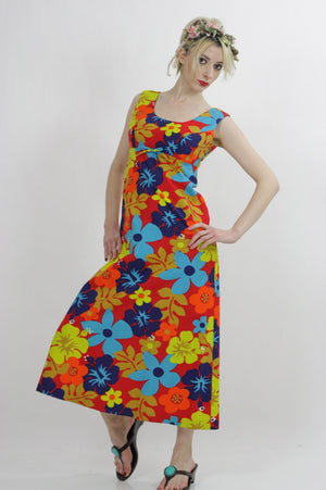 Tropical dress Boho Hippie 1970s neon floral maxi Festival sleeveless Sundress Empire Waist Medium - shabbybabe
 - 4
