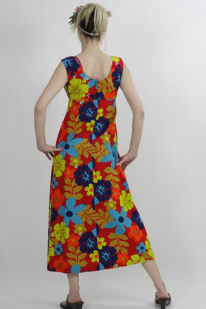 Tropical dress Boho Hippie 1970s neon floral maxi Festival sleeveless Sundress Empire Waist Medium - shabbybabe
 - 5