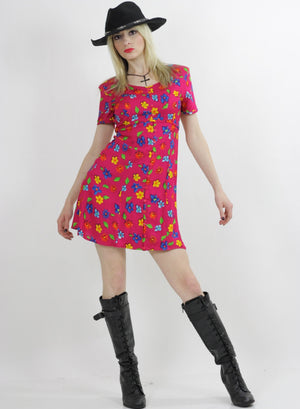 Vintage 90s Grunge Boho Mini Dress draped neon floral print slinky A line  UB481 - shabbybabe
 - 2