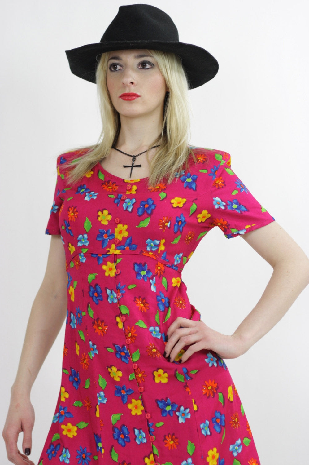 Vintage 90s Grunge Boho Mini Dress draped neon floral print slinky A line UB481 - shabbybabe Vintage 90s Grunge Boho Mini Dress draped neon floral print slinky A line UB481 - shabbybabe