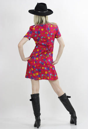 Vintage 90s Grunge Boho Mini Dress draped neon floral print slinky A line  UB481 - shabbybabe
 - 5