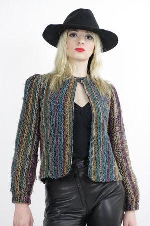 Vintage 80s Boho Hippie Tribal Ethnic Wool Jacket Blazer striped Multicolor Abstract Print UB493 - shabbybabe
 - 2