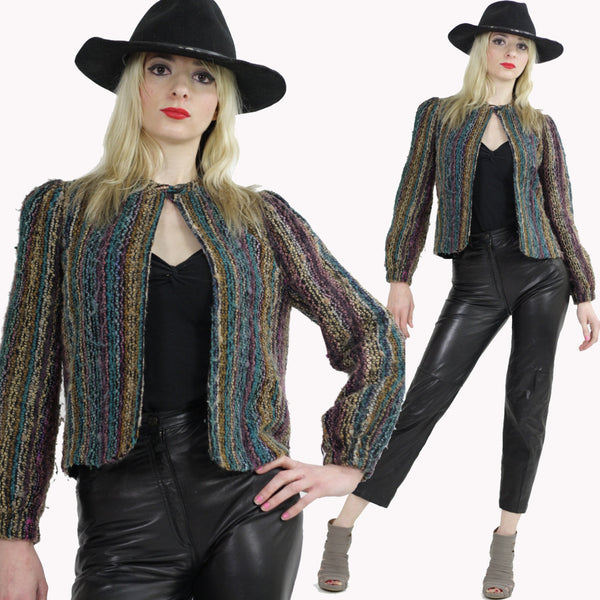 Vintage 80s Boho Hippie Tribal Ethnic Wool Jacket Blazer striped Multicolor Abstract Print UB493 - shabbybabe
 - 1