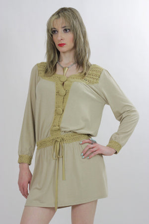 Boho Crochet lace mini dress drawstring waist long sleeve S/M - shabbybabe
 - 4