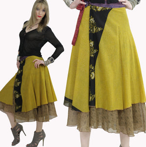 Hippie wrap skirt Vintage 1970s silk wrap floral Bohemian layered Green black beige Medium Large - shabbybabe
 - 2