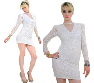 Lace Bandage mini Dress Sheer white Lace dress Bodycon dress Vintage 90s long sleeve open back dress deep V neckline Chic Glam UB593 - shabbybabe
 - 2