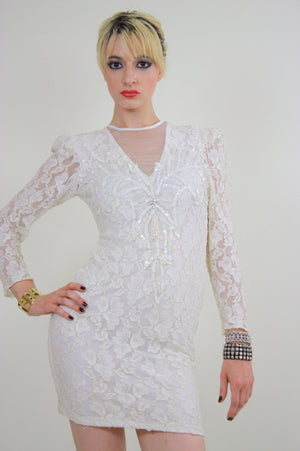 Lace Bandage mini Dress Sheer white Lace dress Bodycon dress Vintage 90s long sleeve open back dress deep V neckline Chic Glam UB593 - shabbybabe
 - 4