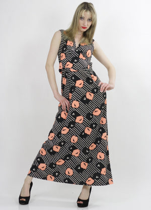 floral maxi dressBoho Maxi Grecian Goddess Vintage 1970s maxi dress Poppy Floral Print deep V sleeveless sundress - shabbybabe
 - 1