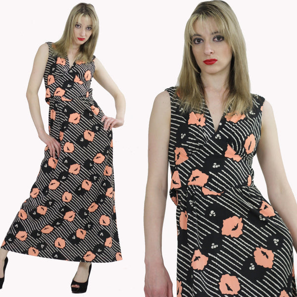 floral maxi dressBoho Maxi Grecian Goddess Vintage 1970s maxi dress Poppy Floral Print deep V sleeveless sundress - shabbybabe
 - 2