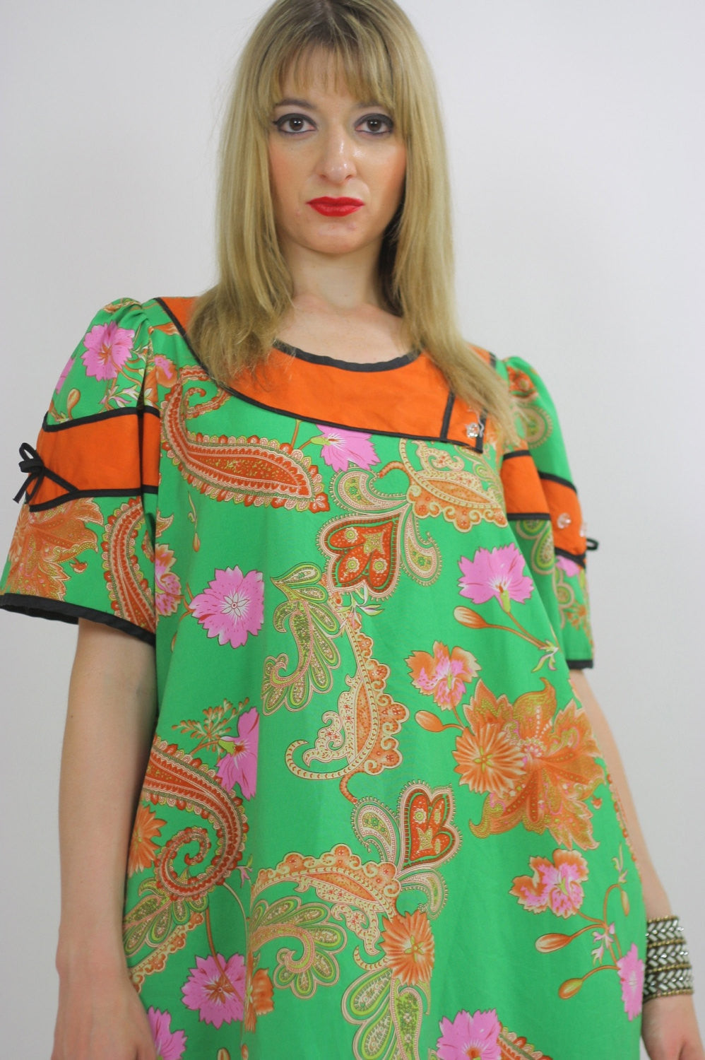 Vintage hippie boho paisley mod dress festival caftan L Vintage hippie boho paisley mod dress festival caftan L