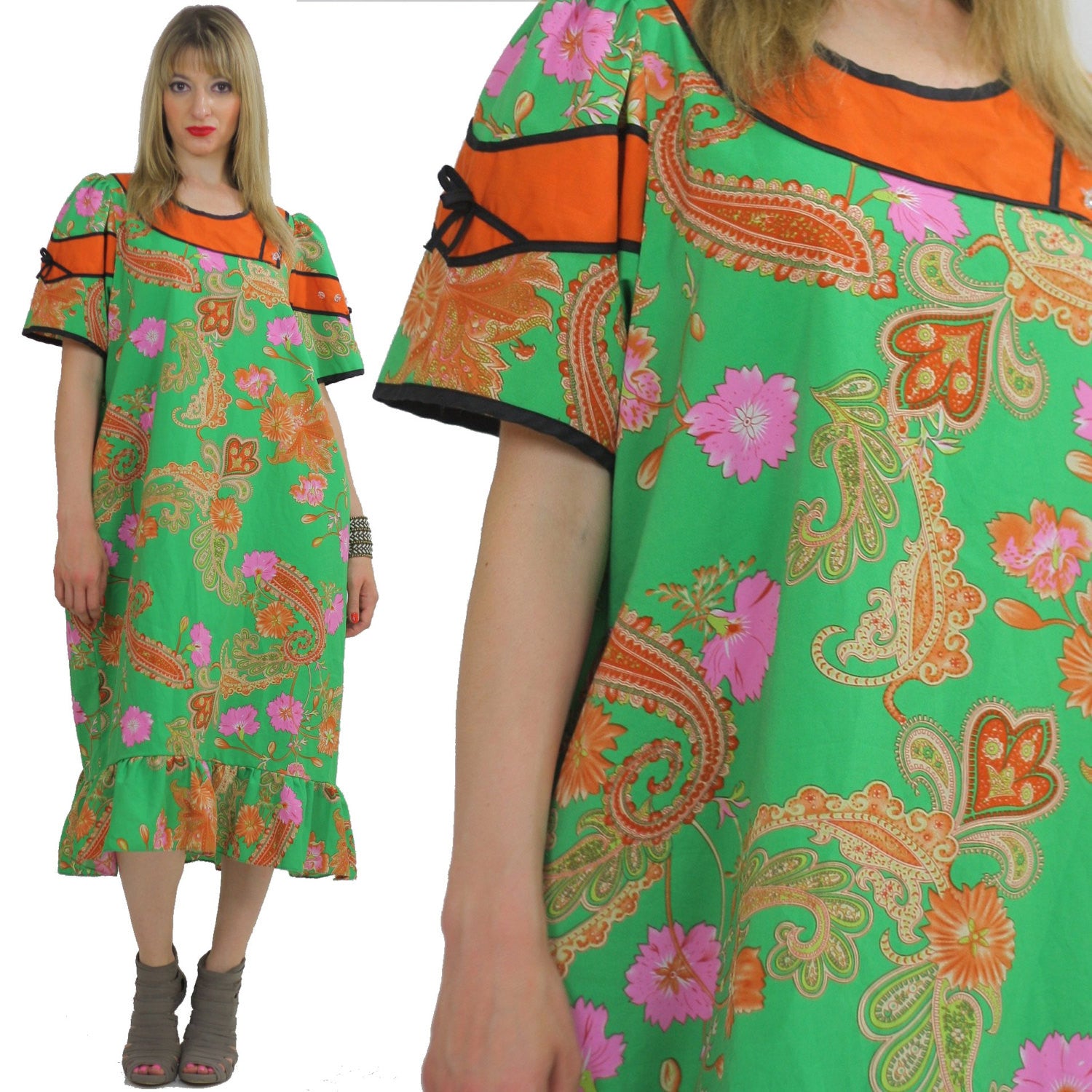 Vintage hippie boho paisley mod dress festival caftan L