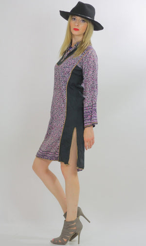 Hippie dress Paisley India color block Festival  Vintage 1970s Purple Paisley Boho Gypsy side slit mini dress Small Medium - shabbybabe
 - 3