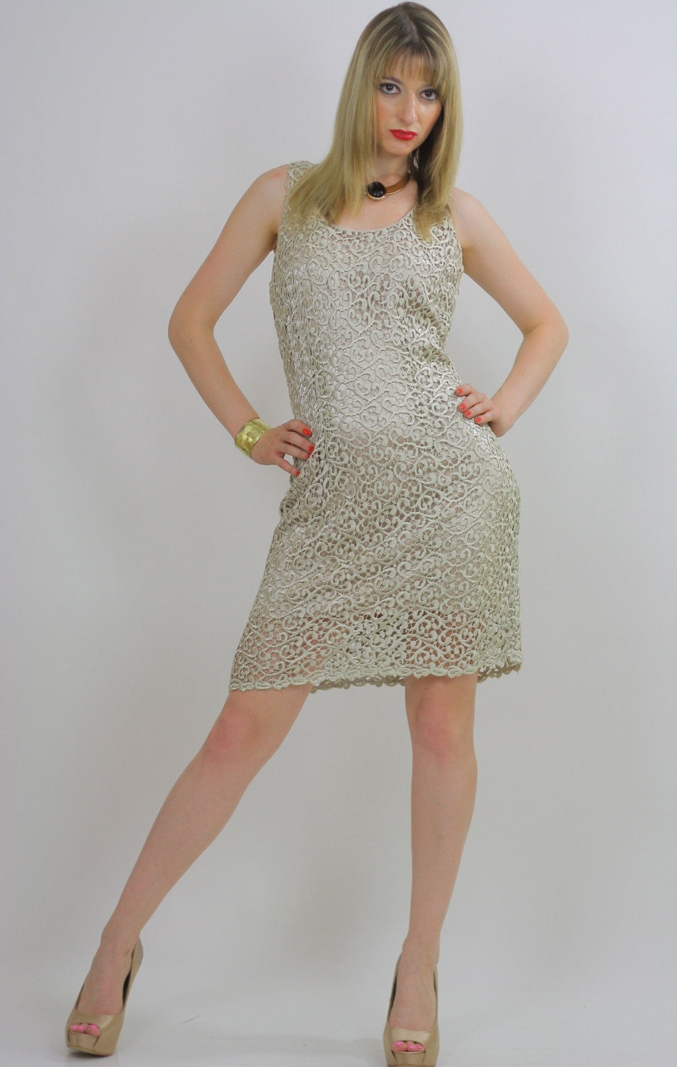 Sheer lace dress floral wiggle cocktail party dress Vintage 90s M/L