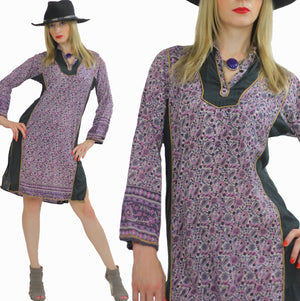 Hippie dress Paisley India color block Festival  Vintage 1970s Purple Paisley Boho Gypsy side slit mini dress Small Medium - shabbybabe
 - 1