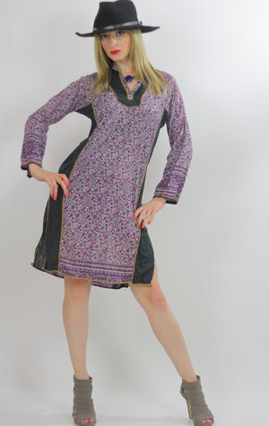 Hippie dress Paisley India color block Festival  Vintage 1970s Purple Paisley Boho Gypsy side slit mini dress Small Medium - shabbybabe
 - 2
