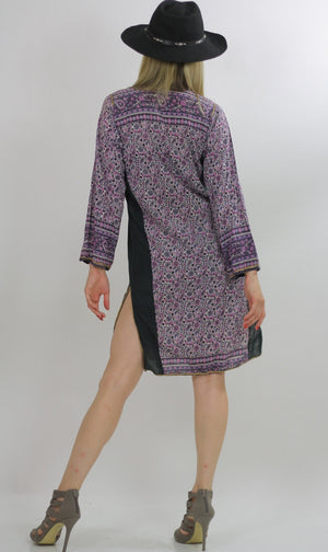 Hippie dress Paisley India color block Festival  Vintage 1970s Purple Paisley Boho Gypsy side slit mini dress Small Medium - shabbybabe
 - 5