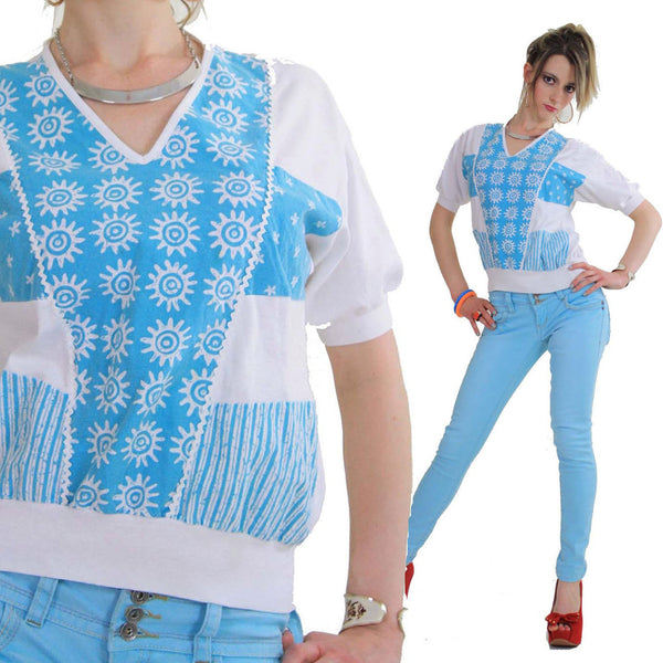 Vintage 70s boho top patchwork top block print top Festival top tee shirt slouchy top aqua blue shirt Sz M - shabbybabe
 - 1