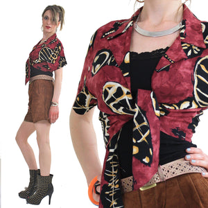 70s boho tie front abstract tribal print crop top shirt - shabbybabe
 - 2