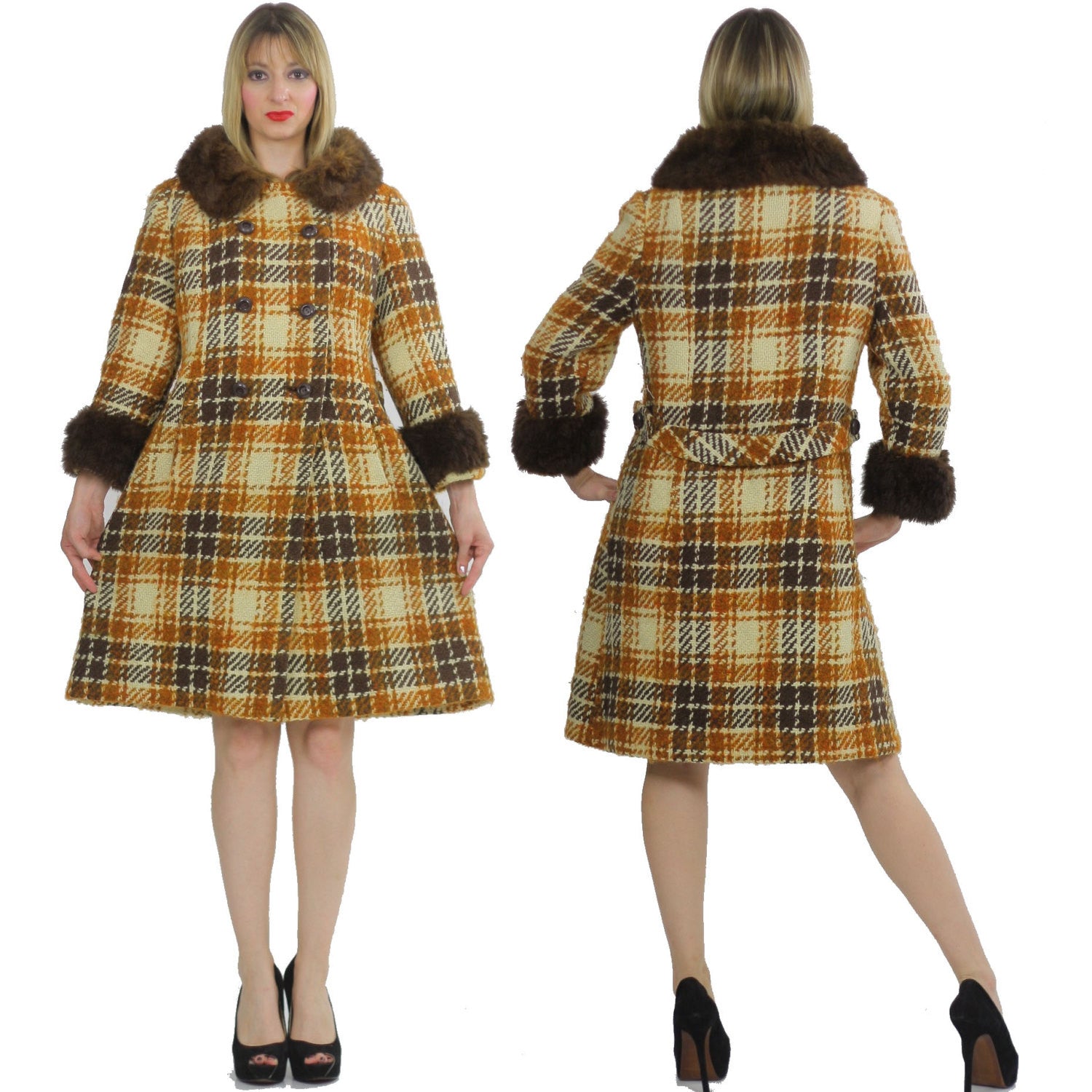 Vintage wool plaid coat 70s boho hippie shearling trim plaid coat M shabbybabe
