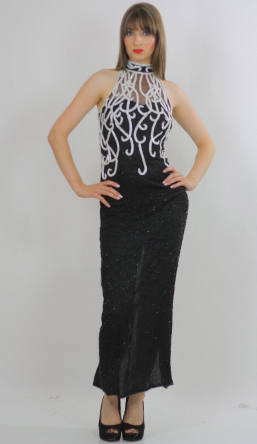 80's halter dress 1980s Halter Cross-Neck Sequined Dress