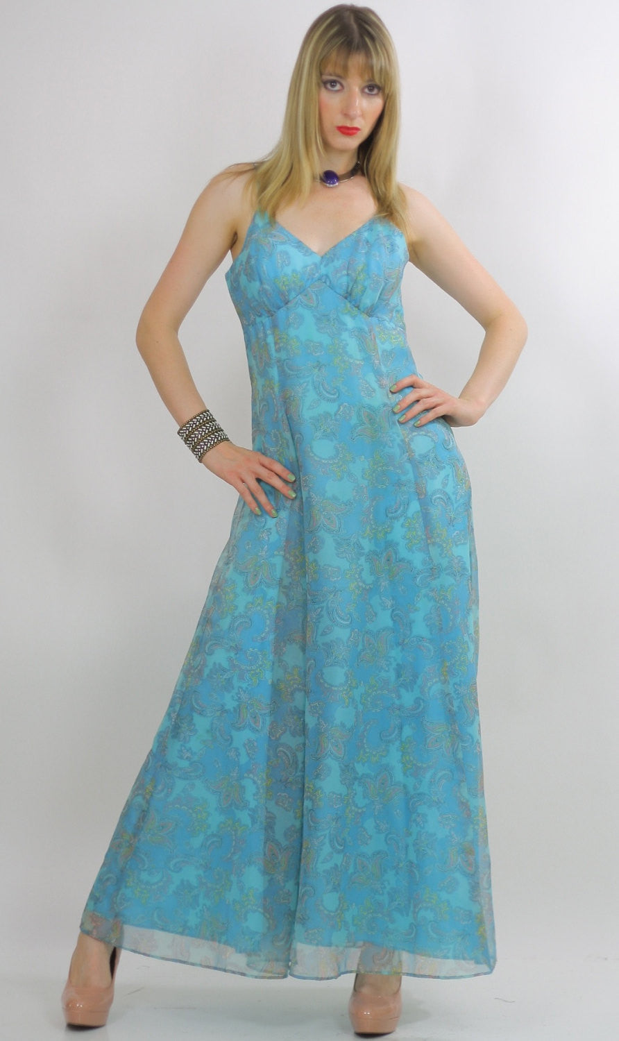 Paisley maxi dress 70s Bohemian Boho Vintage 1970s SHEER maxi dress deep V  neckline empire cocktail party spaghetti strap aqua blue S small