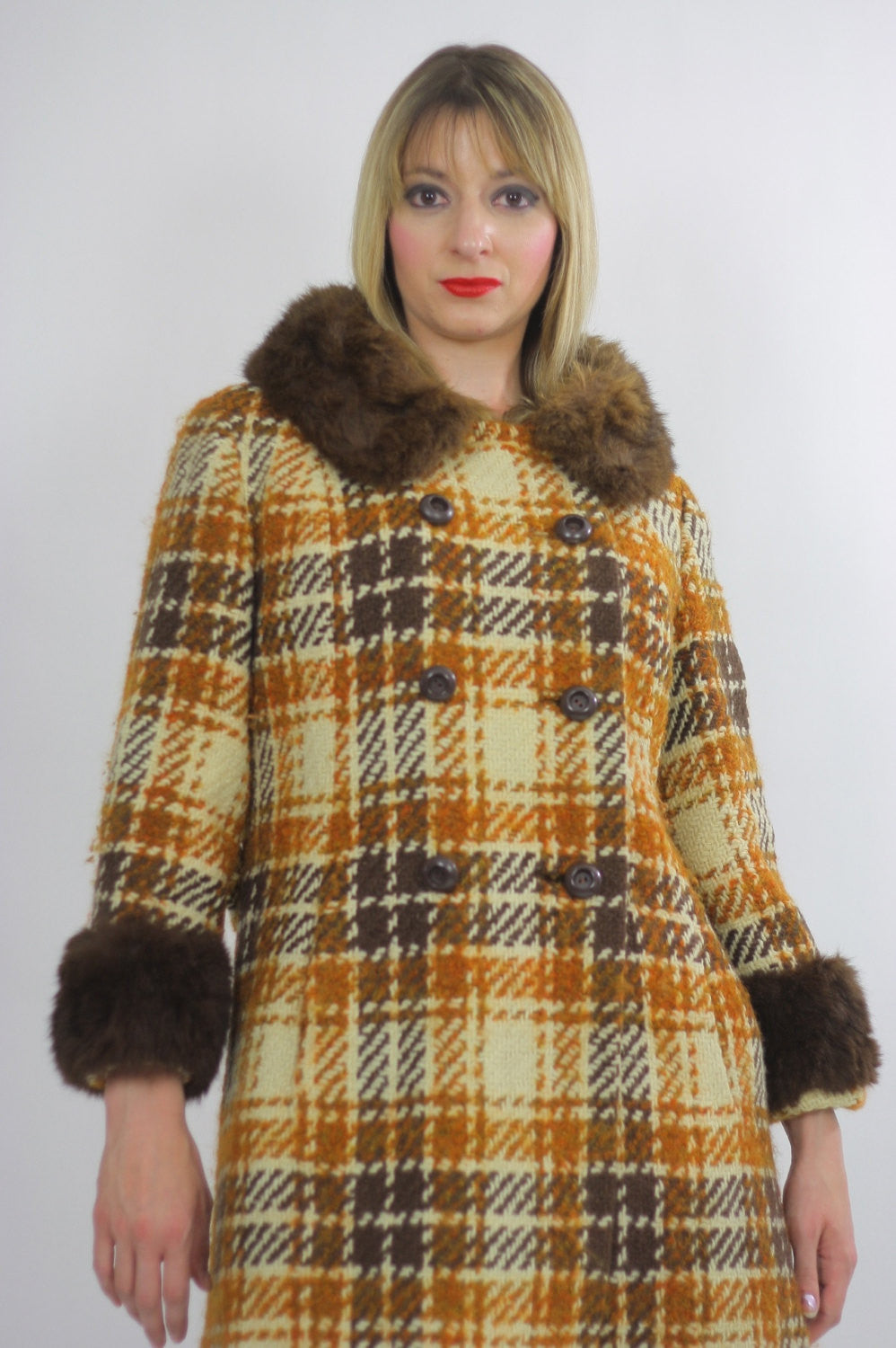 Plaid coat with fur collar hot sale