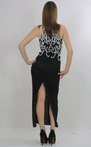 80s halter Gatsby deco sequin beaded maxi dress - shabbybabe
 - 4