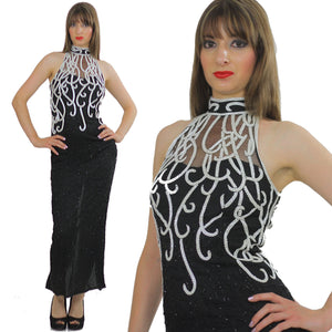 80s halter Gatsby deco sequin beaded maxi dress - shabbybabe
 - 2