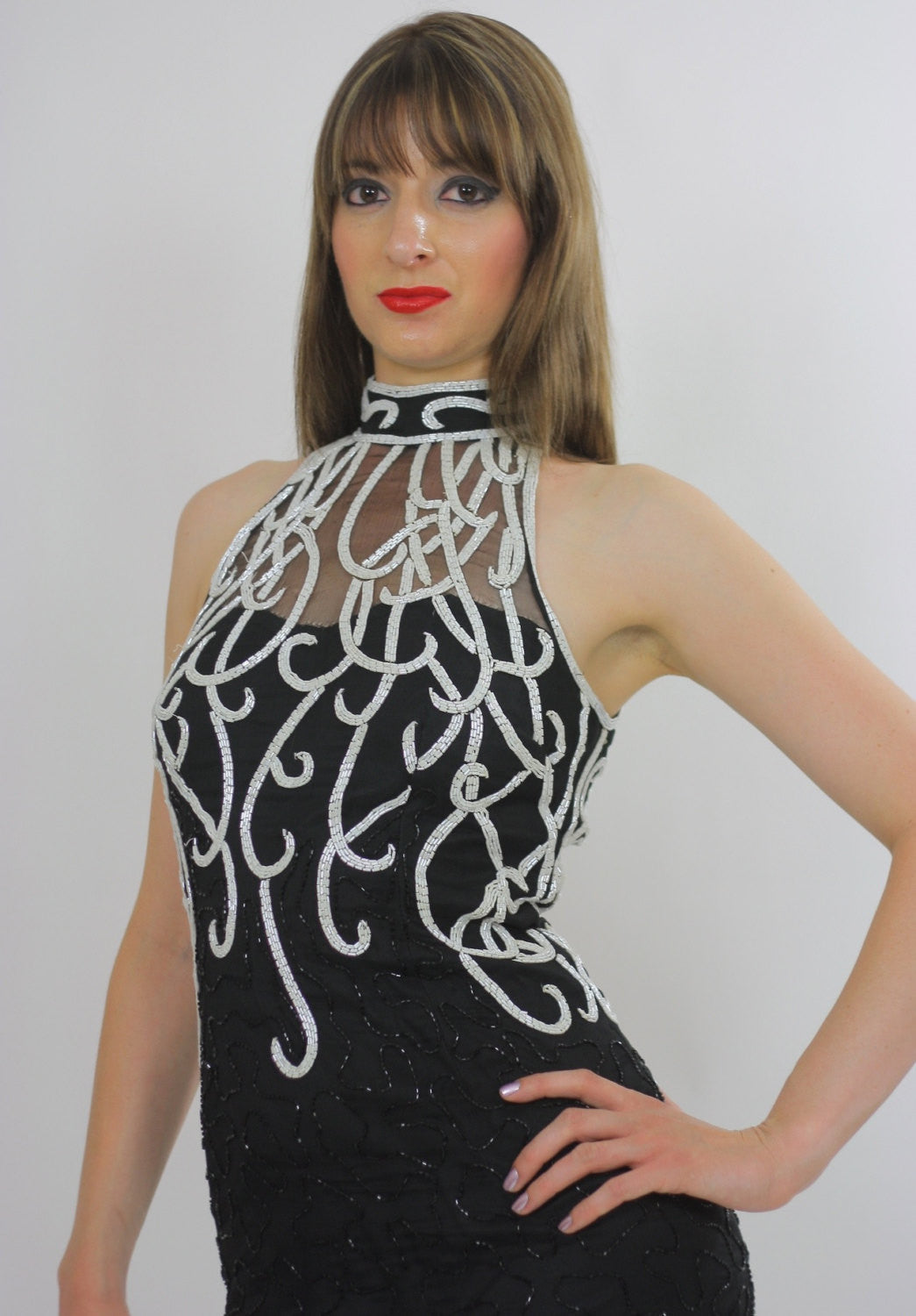 green emerald velvet dress 80s halter Gatsby deco sequin beaded maxi dress