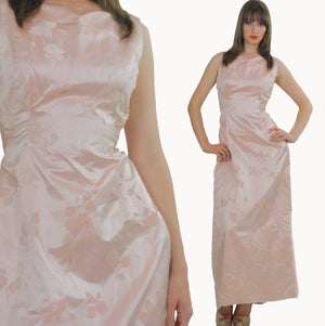 pink silk dress floral Party gown silk burnout mad men sleeveless long U neckline fitted Medium - shabbybabe
 - 1