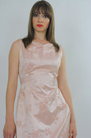 pink silk dress floral Party gown silk burnout mad men sleeveless long U neckline fitted Medium - shabbybabe
 - 4