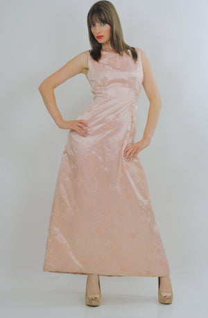pink silk dress floral Party gown silk burnout mad men sleeveless long U neckline fitted Medium - shabbybabe
 - 2