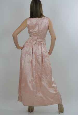pink silk dress floral Party gown silk burnout mad men sleeveless long U neckline fitted Medium - shabbybabe
 - 5