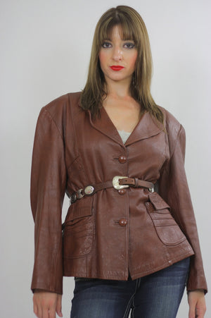 70s boho brown leather jacket blazer Top M - shabbybabe
 - 3