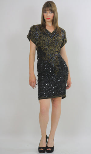 80s Deco Gatsby flapper party Sequin beaded dress - shabbybabe
 - 3
