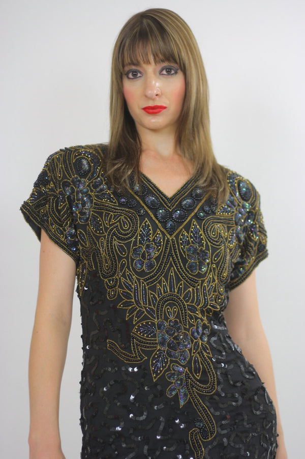 80s Deco Gatsby flapper party Sequin beaded dress - shabbybabe
 - 1