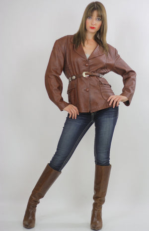 70s boho brown leather jacket blazer Top M - shabbybabe
 - 4