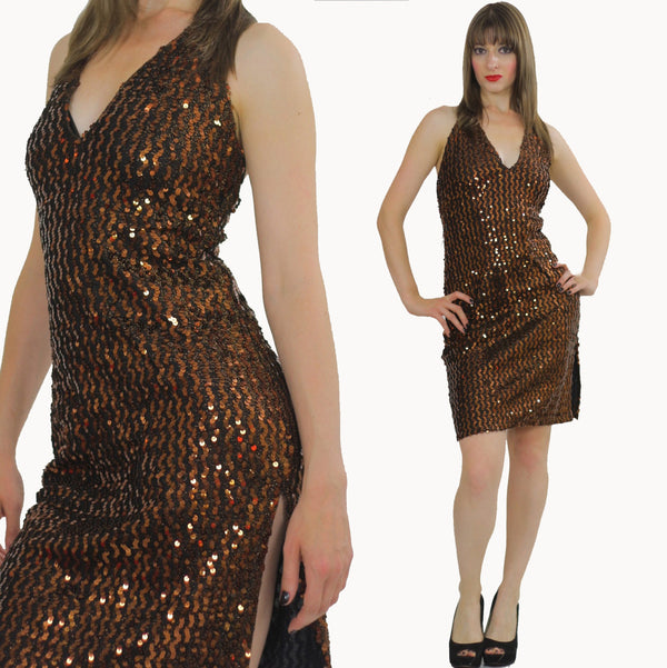 Vintage Metallic Sequin mini dress Deco Gatsby beaded dress Vintage Cocktail party Mini Dress halter dress party dress  M - shabbybabe
 - 1