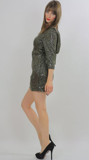 Sequin dress beaded mini gold metallic deco bandage body con Cocktail Party scoop neckline long sleeve wiggle Boho party mini dress mall - shabbybabe
 - 3