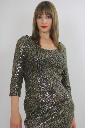 Sequin dress beaded mini gold metallic deco bandage body con Cocktail Party scoop neckline long sleeve wiggle Boho party mini dress mall - shabbybabe
 - 4