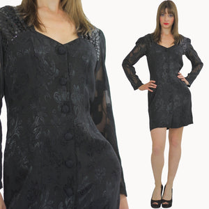 Vintage 80s sequin mini dress Black party mini dress sheer cocktail party dress long sleeve M - shabbybabe
 - 1