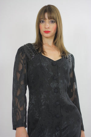 Vintage 80s sequin mini dress Black party mini dress sheer cocktail party dress long sleeve M - shabbybabe
 - 4