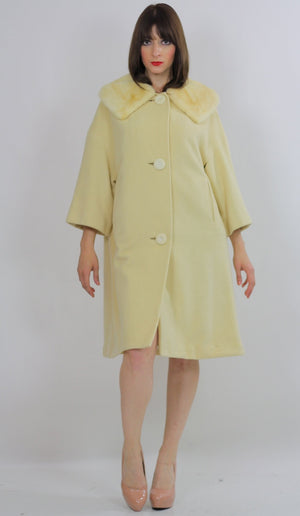 Wool Cashmere coat swing blonde mink swing coat fur collar Vintage 1960s Mad men cocktail party Marilyn winter white retro Small Medium - shabbybabe
 - 2