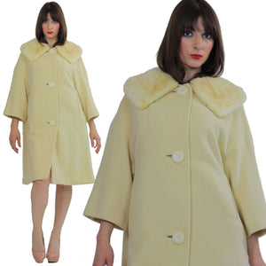 Wool Cashmere coat swing blonde mink swing coat fur collar Vintage 1960s Mad men cocktail party Marilyn winter white retro Small Medium - shabbybabe
 - 1