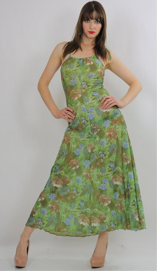 Green Boho Dress Vintage 1970s Maxi dress spaghetti strap Abstract Floral Party Festival Tropical sundress Small - shabbybabe
 - 1