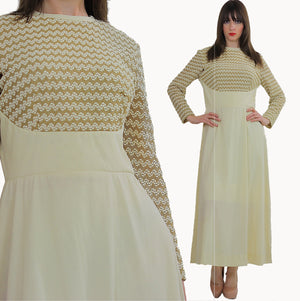 Vintage 70s Ivory cocktail party chevron stripe long sleeve dress S M - shabbybabe
 - 1